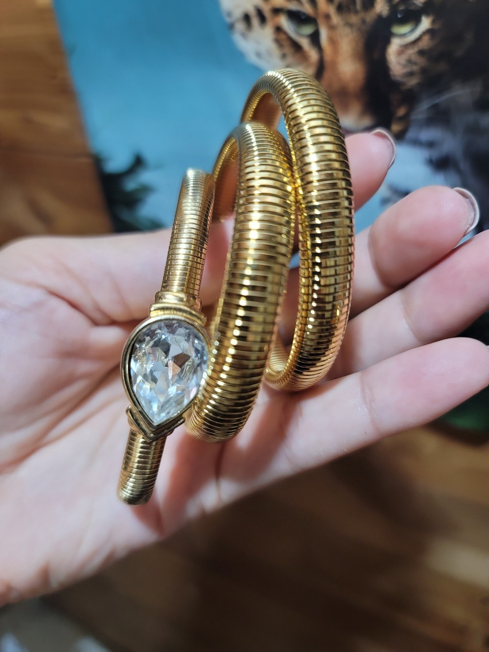 Trifari Gold-Tone Coiled Snake Bracelet with Teardrop Crystal